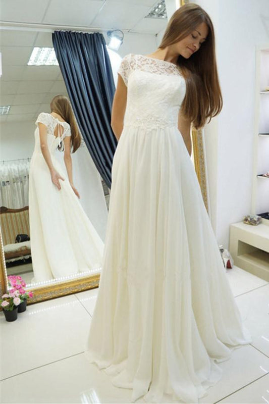 A Line Sweep Train Sheer Neck Short Sleeve Beach Wedding Dresses