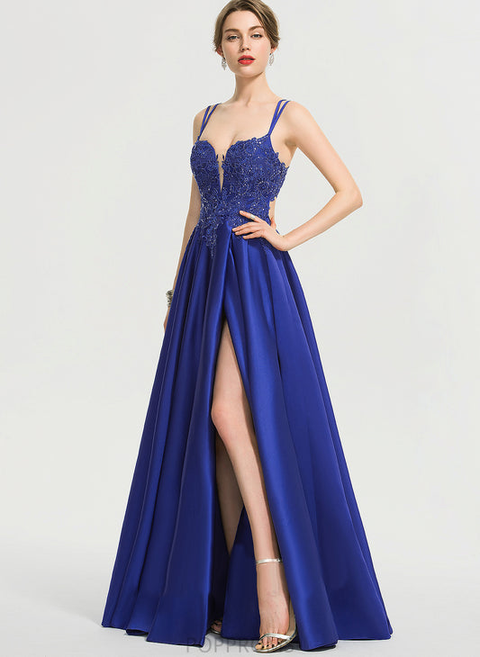 Reyna V-neck Satin Ball-Gown/Princess Lace Prom Dresses Sequins Floor-Length With