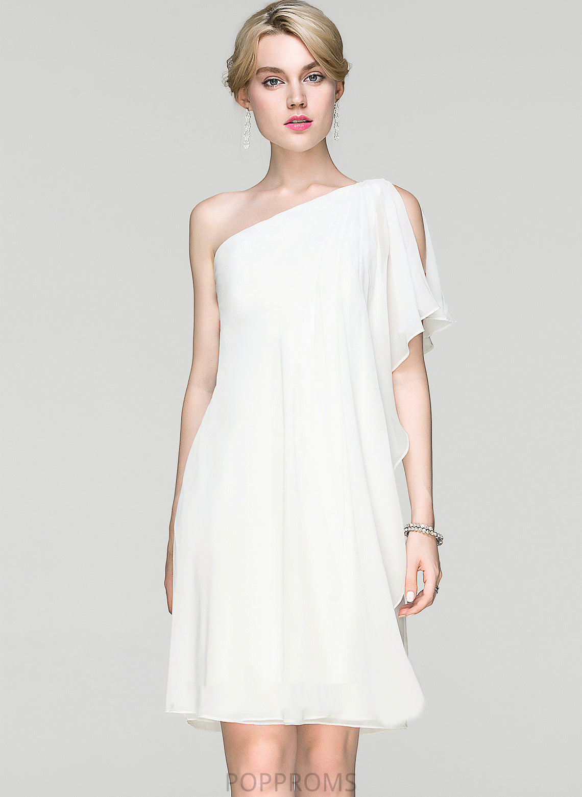 Dress Sheath/Column Ruffle One-Shoulder Alaina Cocktail Dresses Chiffon Cocktail Knee-Length With