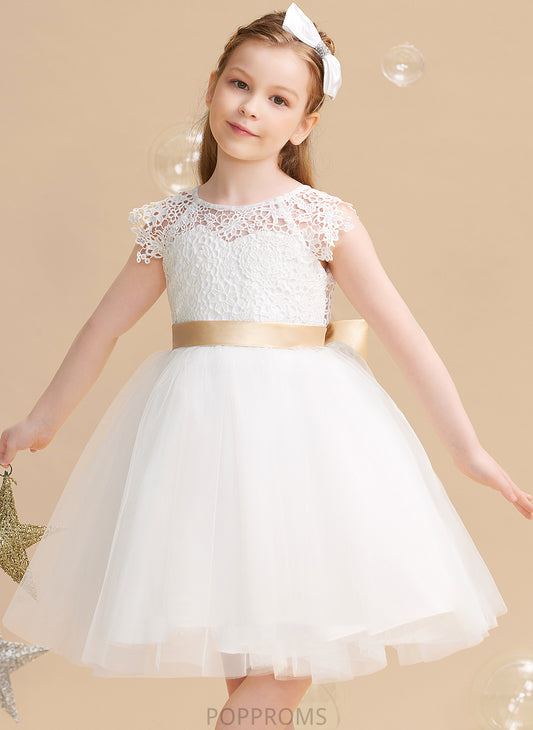 Tulle/Lace Sleeves (Undetachable Neck Dress Knee-length Flower Short Girl Scoop Elsa sash) - A-Line With Sash/Bow(s) Flower Girl Dresses