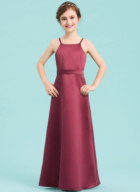 With Bow(s) Floor-Length A-Line Selena Square Satin Junior Bridesmaid Dresses Neckline