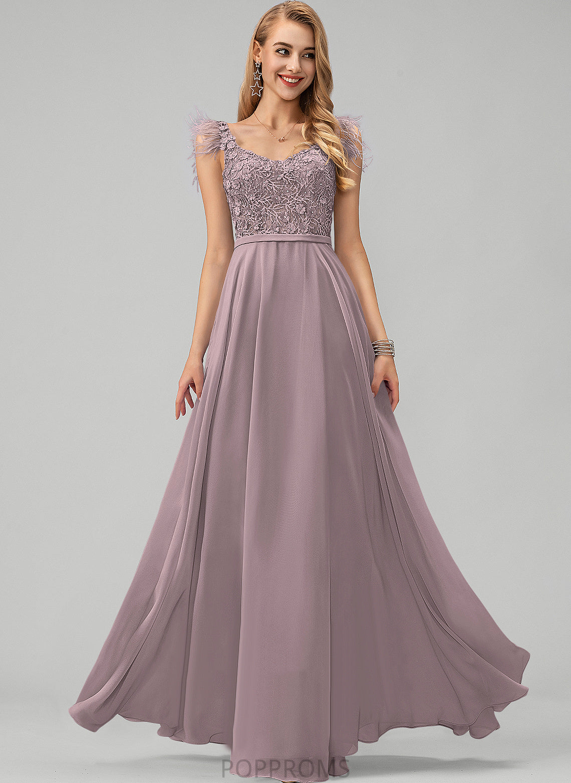 Flower(s) Beading Floor-Length Prom Dresses Feather Chiffon V-neck Sequins With Mikaela A-Line