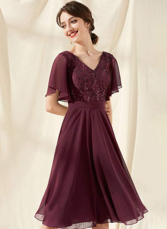 V-neck Lace Knee-Length A-Line Cocktail Cocktail Dresses With Chiffon Dress Sequins Cassandra