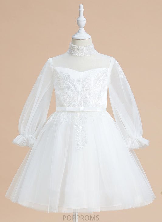 Sleeves Flower Girl Dresses Sequins With Girl Dress Knee-length Tulle Neck High - Long A-Line Hadassah Flower