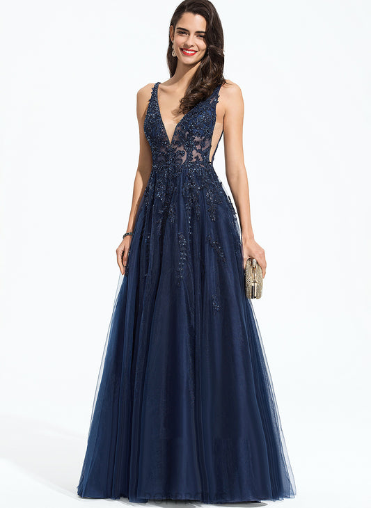 Sequins A-Line Lace Prom Dresses Floor-Length Beading Tulle With Ana V-neck