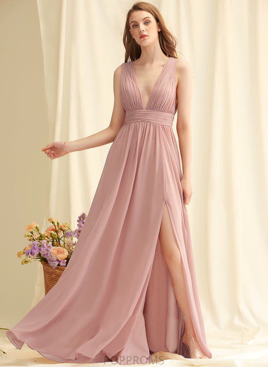 V-neck Fabric SplitFront Floor-Length Silhouette A-Line Neckline Length Embellishment Amina A-Line/Princess Sleeveless Bridesmaid Dresses