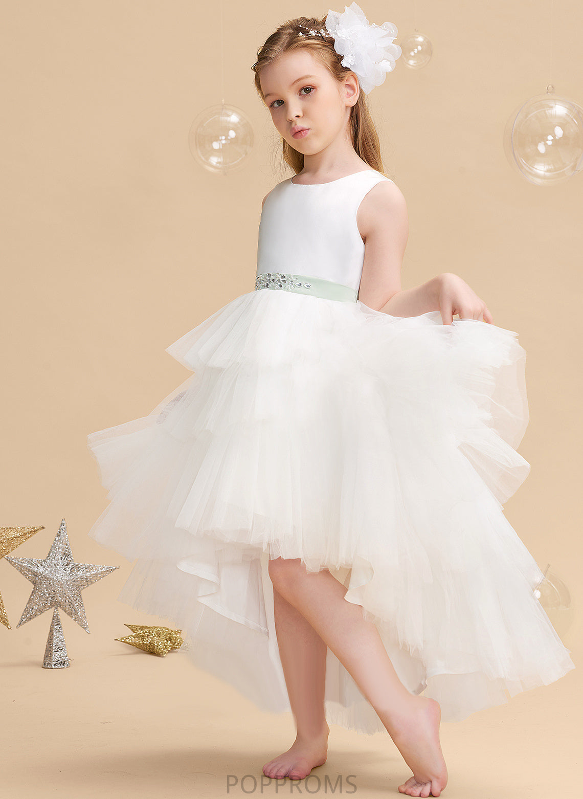 - (Detachable Sierra Dress Ball-Gown/Princess With sash) Sash/Beading Neck Sleeveless Asymmetrical Flower Girl Dresses Tulle Scoop Flower Girl