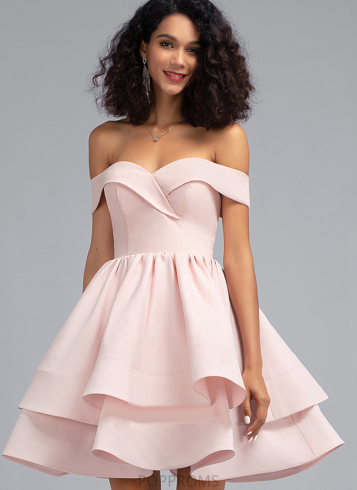 Hailie Off-the-Shoulder With A-Line Short/Mini Crepe Ruffles Cascading Prom Dresses Stretch