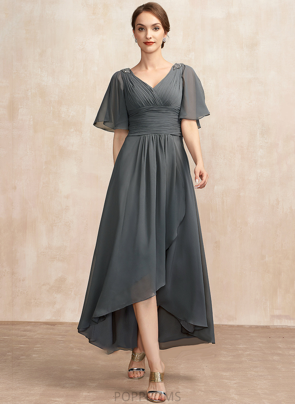 Beading Mother of the Bride Dresses Chiffon Annabel Asymmetrical Dress Mother A-Line Ruffle the With of V-neck Bride