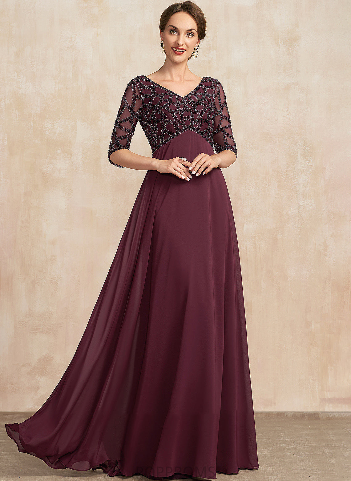 V-neck With Mother Dress Floor-Length the Chiffon Bride of Kendra Mother of the Bride Dresses Beading Empire