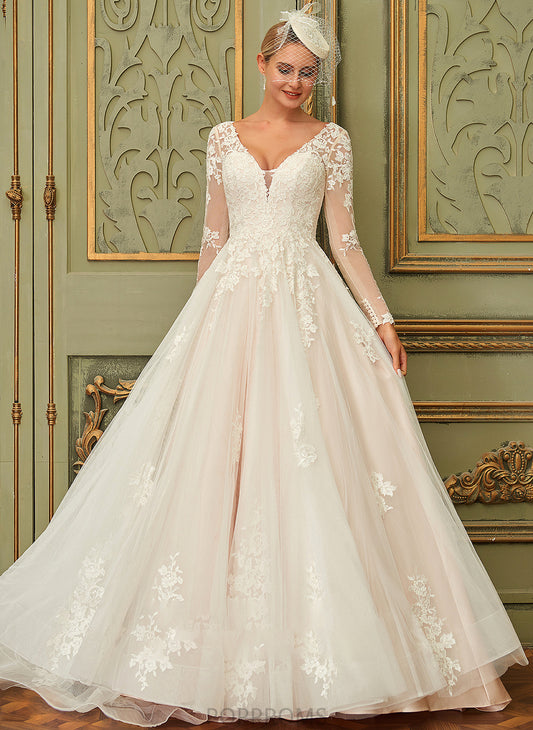 Lace Wedding Dresses Ball-Gown/Princess Sweep V-neck Wedding Dress Gillian Train Tulle