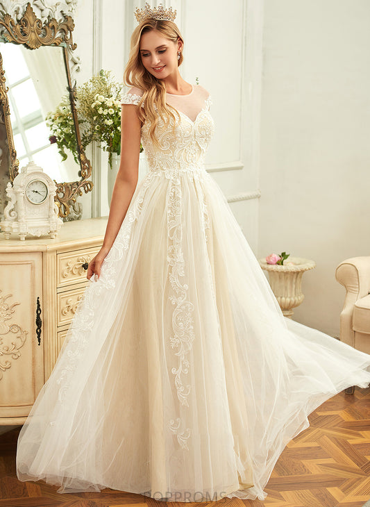 Wedding Dresses With Dress Tulle Sweep A-Line Ruffle Wedding Scoop Train Neck Ally Lace Lace