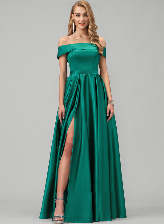 Pockets Off-the-Shoulder Embellishment Floor-Length Satin Straps Fabric Length SplitFront Neckline Abigail Sleeveless Bridesmaid Dresses