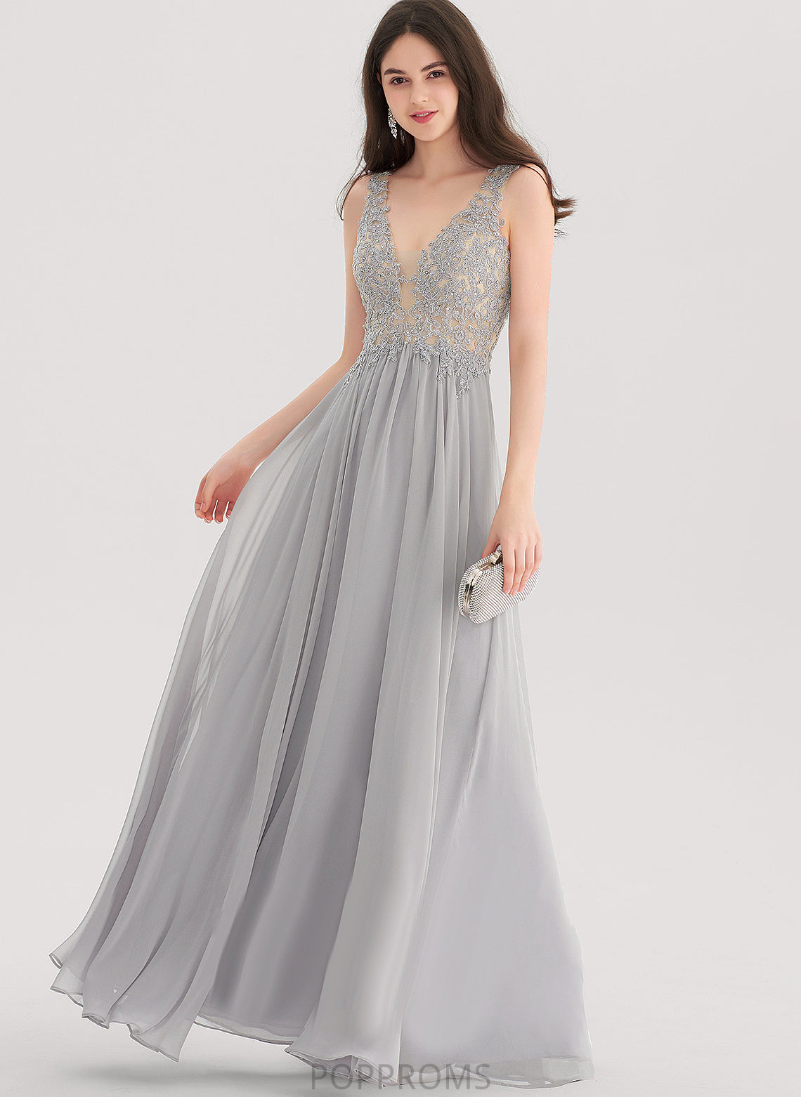 Lace V-neck Rhinestone Floor-Length Prom Dresses Alexia With Chiffon A-Line