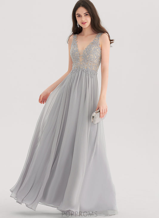 Lace V-neck Rhinestone Floor-Length Prom Dresses Alexia With Chiffon A-Line