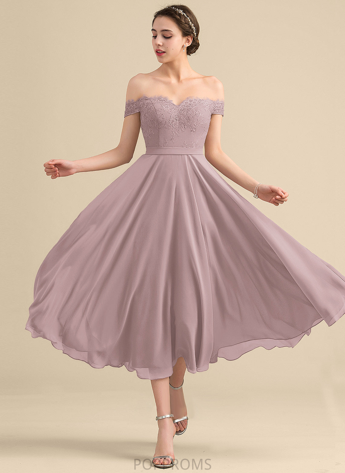 With Chiffon Beading Tea-Length Lace Cocktail A-Line Off-the-Shoulder Dress Cocktail Dresses Rosa