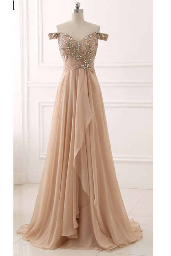 A Line Brush Train V Neck Off Shoulder Beading Ruffles Chiffon Prom Dresses