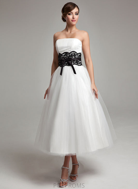 Tea-Length Strapless Ball-Gown/Princess Wedding Beading Dress With Bow(s) Wedding Dresses Lace Sash Sabrina Satin Tulle