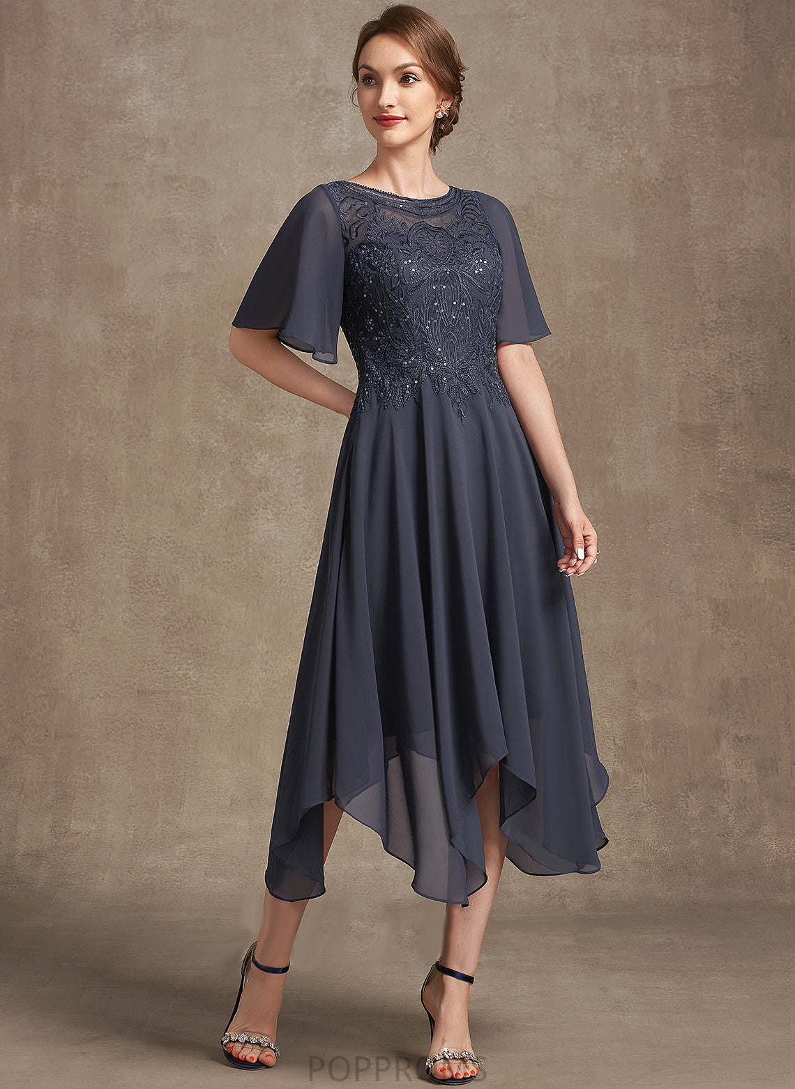 With the Mother Neck Lace Scoop Bride Hana Sequins Chiffon A-Line Dress Mother of the Bride Dresses of Tea-Length