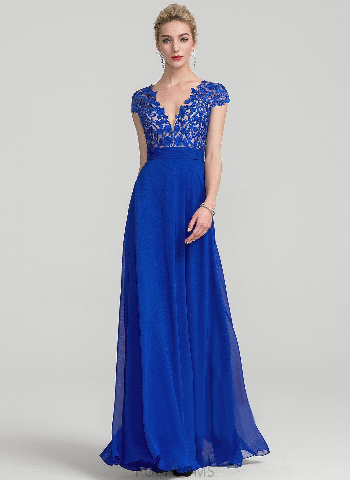 V-neck Lace Floor-Length With Chiffon Damaris Ruffle A-Line Prom Dresses