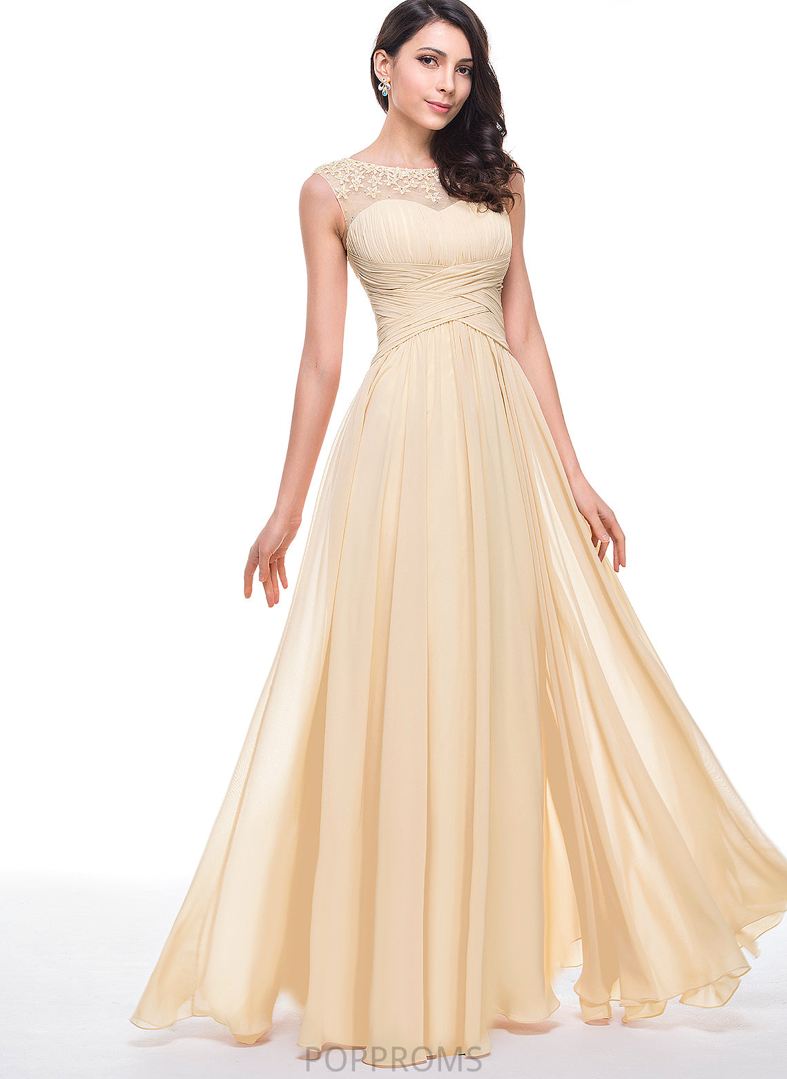 Flower(s) Ruffle With Prom Dresses Floor-Length Vivian Beading Tulle Scoop A-Line Chiffon