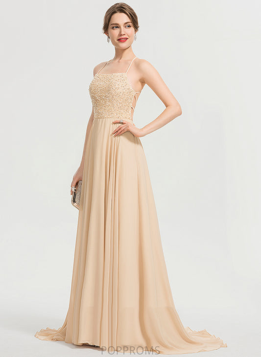 Train Square Sequins Chiffon A-Line Sweep Ali With Beading Prom Dresses