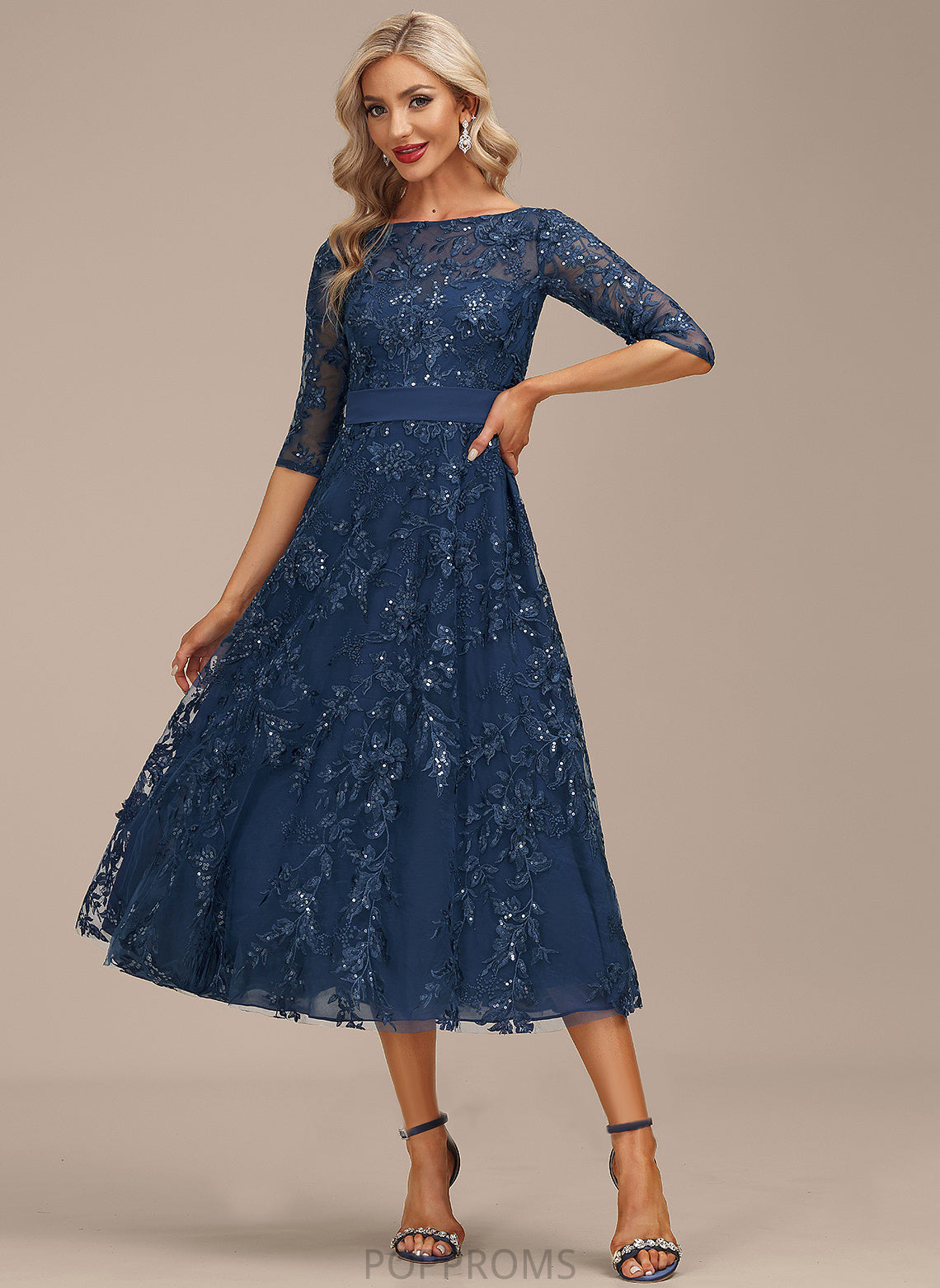 Tea-Length Cocktail Dresses Dress Lace Chiffon With Neck A-Line Cocktail Scoop Germaine Sequins