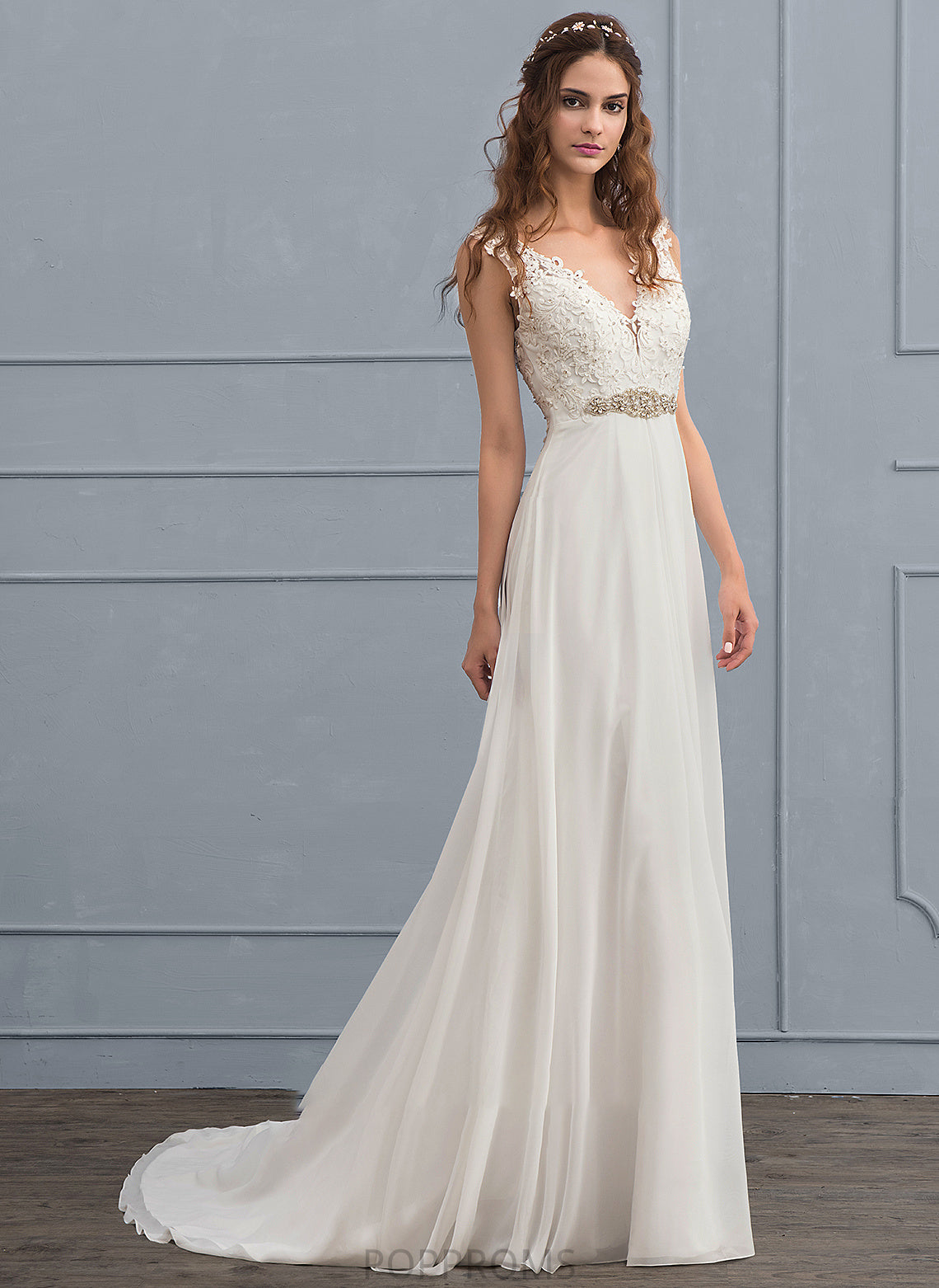 Wedding Train Beading Dress Sequins Chiffon V-neck A-Line Haylee Wedding Dresses With Court