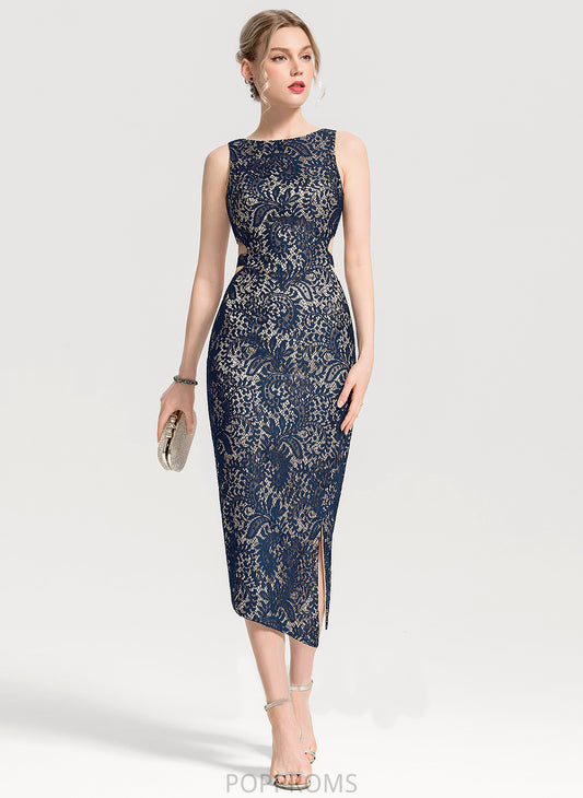 Areli Scoop Split Sheath/Column With Lace Tea-Length Cocktail Dresses Front Cocktail Neck Dress