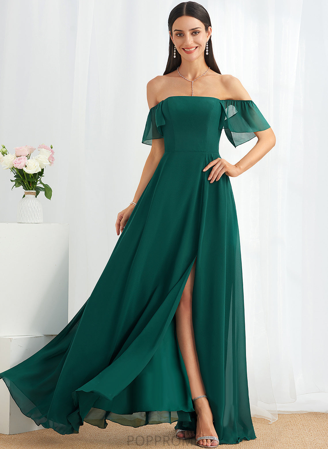 Length Silhouette Floor-Length Neckline A-Line Embellishment Fabric Off-the-Shoulder SplitFront Daisy Spaghetti Staps Floor Length Bridesmaid Dresses