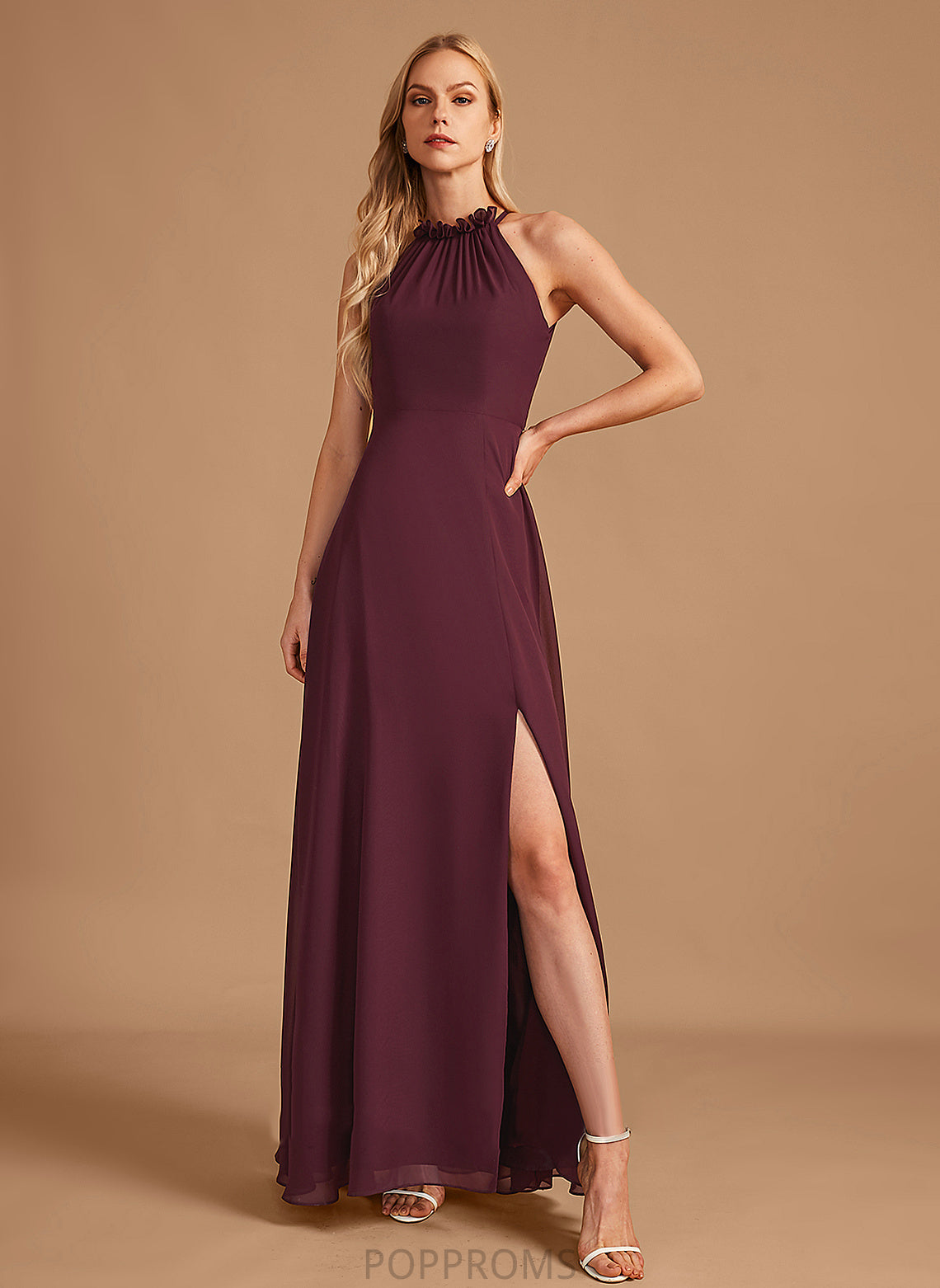 A-Line HighNeck Fabric Length Silhouette Embellishment SplitFront Neckline Floor-Length Brenda Floor Length A-Line/Princess Bridesmaid Dresses