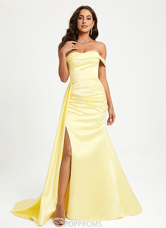 Ruffle Satin Sweep Kelsie Off-the-Shoulder Train Prom Dresses With Trumpet/Mermaid