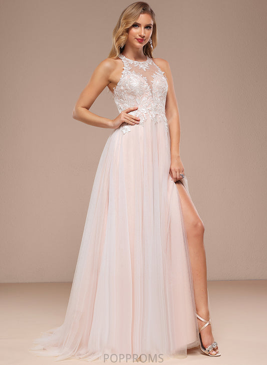 Tulle With A-Line Wedding Dress Lace Sequins Lola Train Sweep Beading Halter Wedding Dresses