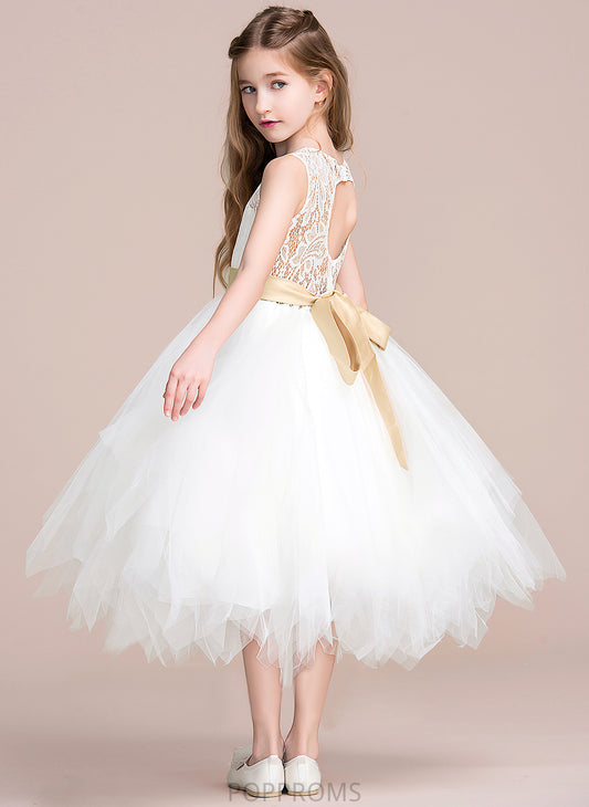 Tulle/Lace Tea-length Helga With A-Line Hole Sash/Back Flower Girl Sleeveless (Detachable Scoop sash) - Dress Neck Flower Girl Dresses