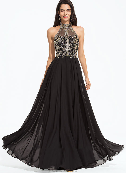 Prom Dresses Floor-Length Chiffon Beading A-Line Neck With Joselyn High Sequins