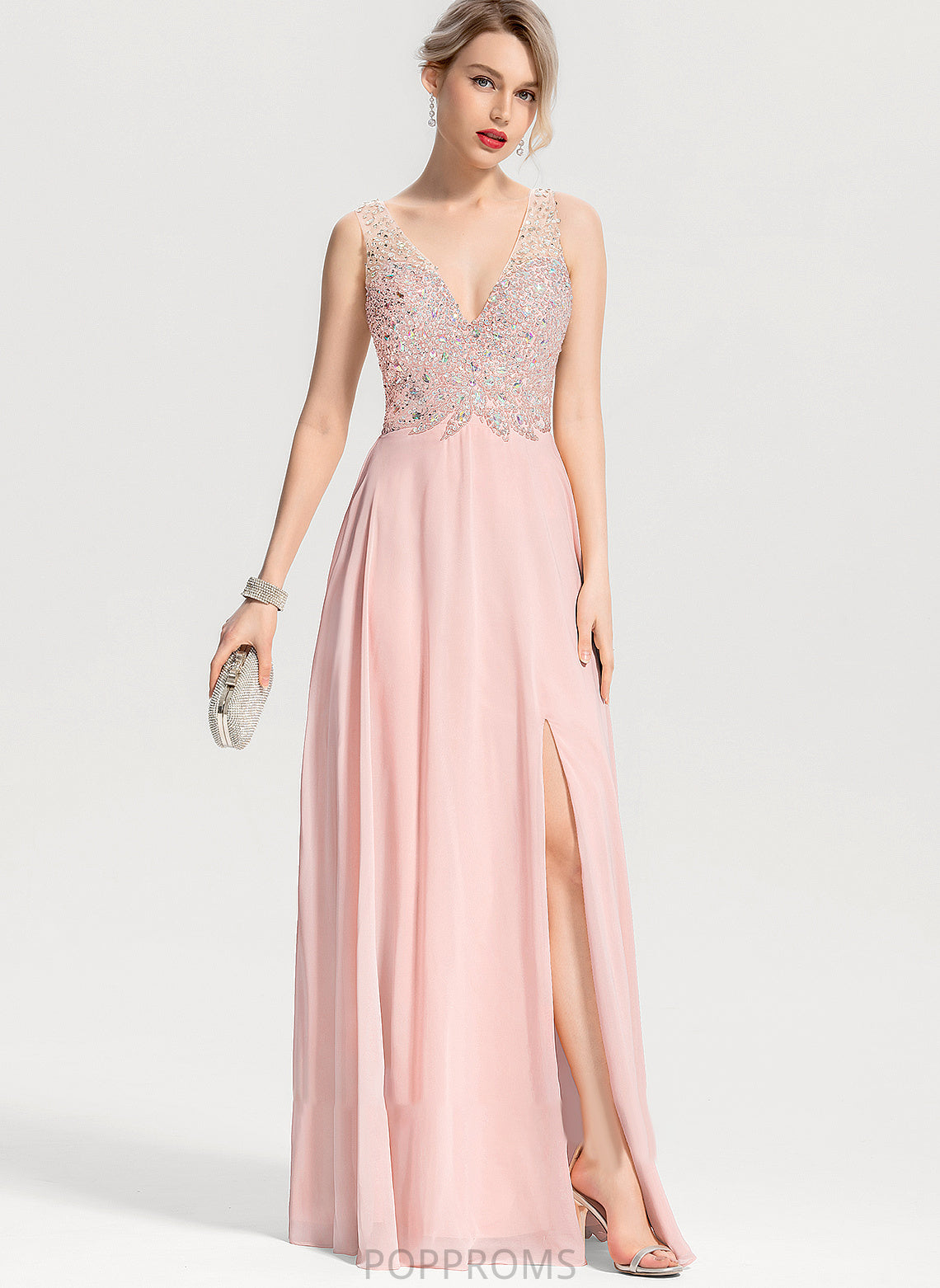 Sequins A-Line Chiffon Beading Prom Dresses Split V-neck With Front Floor-Length Alexandria