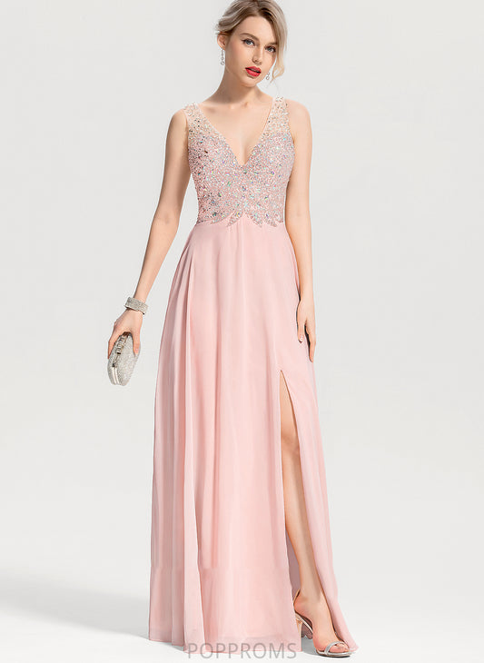 Sequins A-Line Chiffon Beading Prom Dresses Split V-neck With Front Floor-Length Alexandria