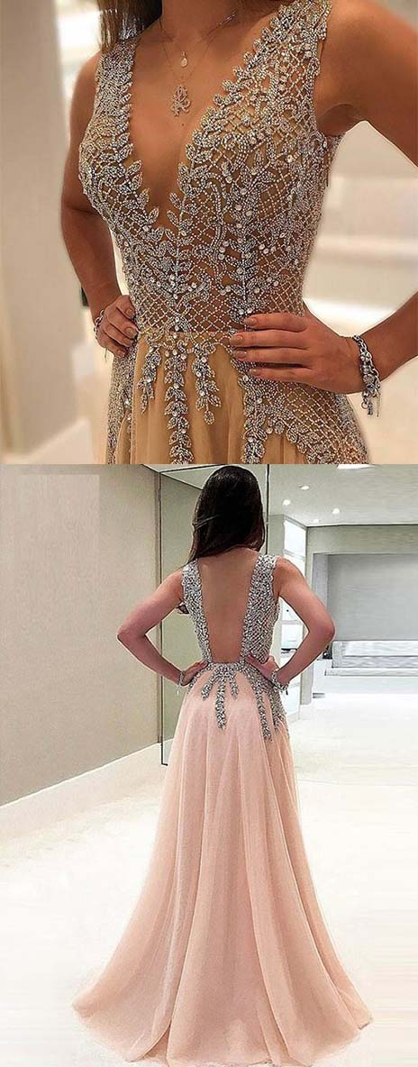 Stunning Sleeveless V Neck Open Back With Beading Prom Dresses