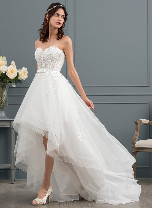 Beading With Wedding Dresses Penny Asymmetrical Sweetheart Wedding Lace Dress Sequins Bow(s) Tulle A-Line Satin