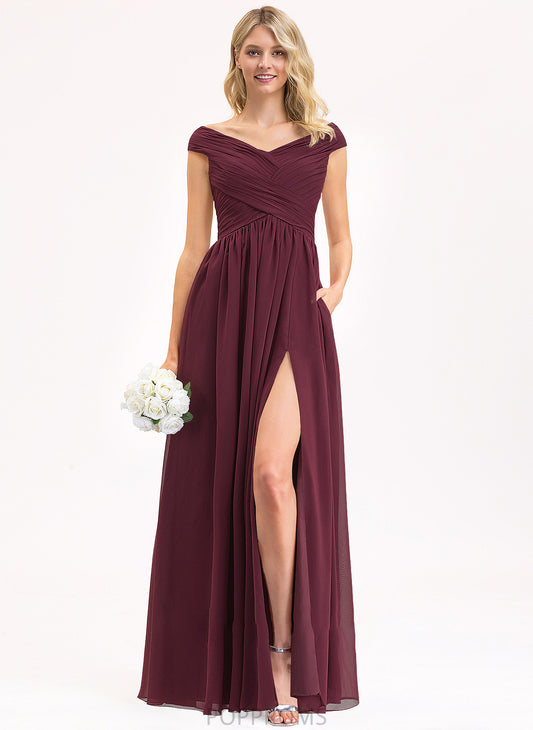 Fabric Embellishment Off-the-Shoulder Pockets Neckline SplitFront Floor-Length Silhouette Length Ruffle A-Line Zariah Bridesmaid Dresses