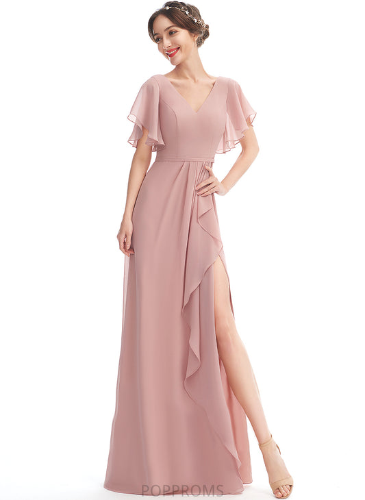 Silhouette Length Ruffle Embellishment V-neck A-Line SplitFront Floor-Length Neckline Fabric Deborah Scoop Bridesmaid Dresses