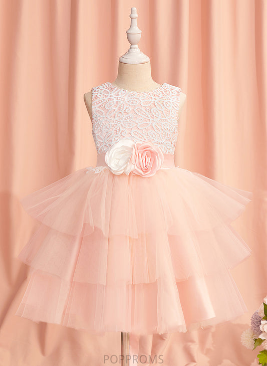 Sahna Scoop Hole Satin/Tulle Flower - Girl Dress Sleeveless Flower Girl Dresses With Ball-Gown/Princess Neck Lace/Flower(s)/Back Knee-length