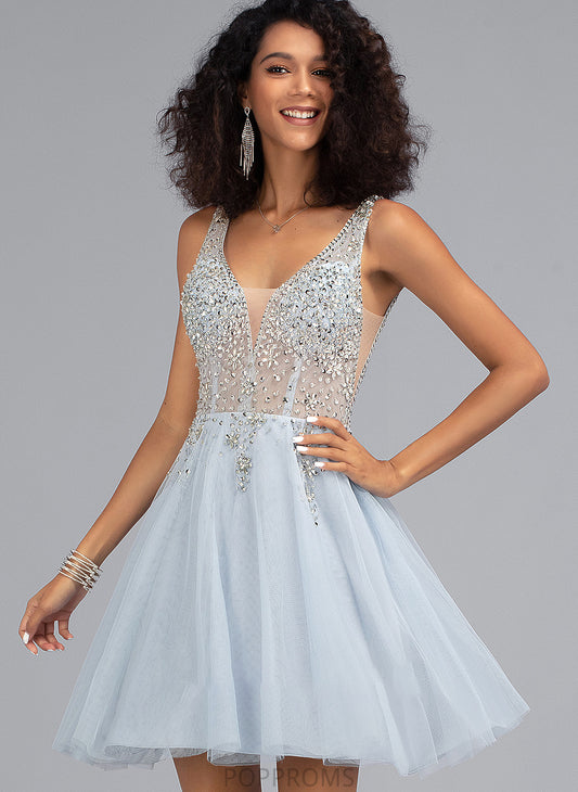 With A-Line Beading Short/Mini Tulle V-neck Prom Dresses Madyson