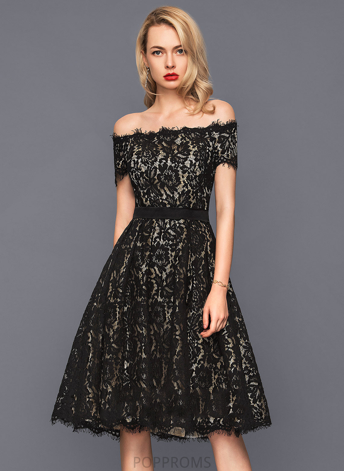 Off-the-Shoulder Charmeuse Liberty Cocktail Lace Knee-Length Cocktail Dresses A-Line Dress