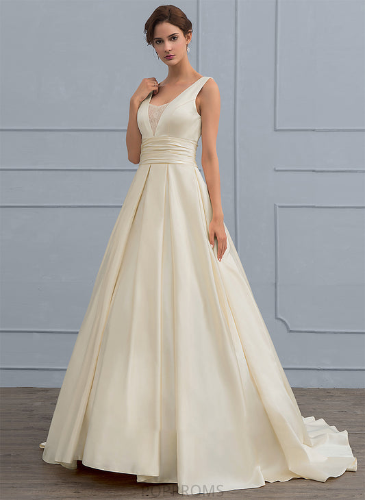 Sweep Wedding Ball-Gown/Princess Tianna Wedding Dresses V-neck Dress Train With Lace Satin