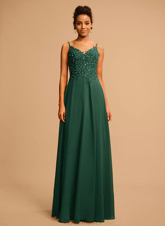 V-neck Beading Prom Dresses Floor-Length Chiffon Lace A-Line With Sequins Allie