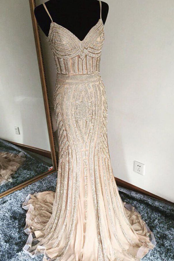 Luxurious Sheath Long Sweep Train Spaghetti Straps Sleeveless Prom Dresses