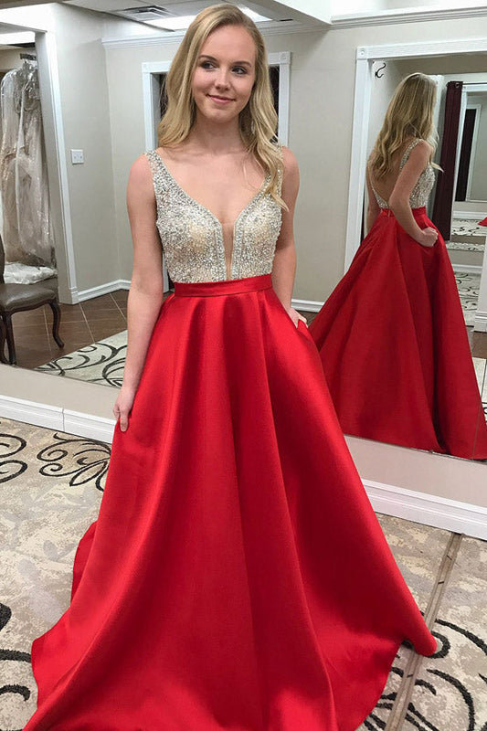 Red A Line Court Train Deep V Neck Backless Sleeveless Beading Prom Dresses