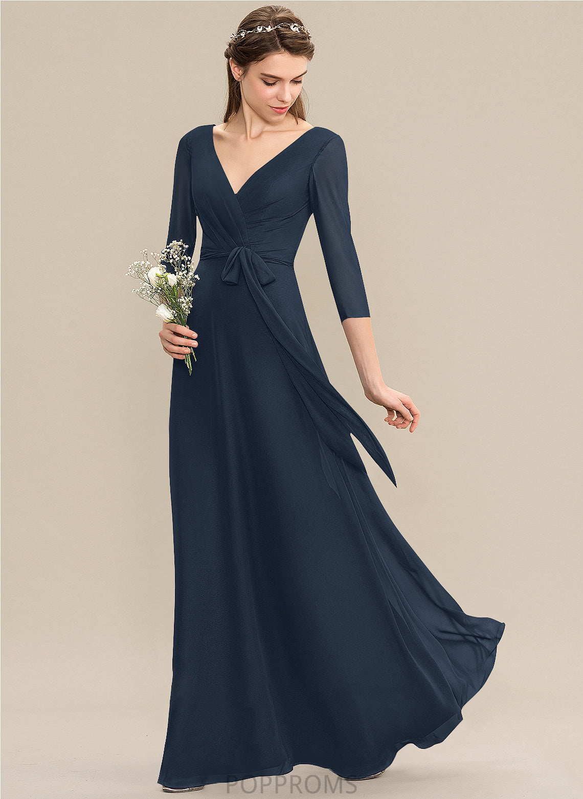 V-neck Length Bow(s) Ruffle Silhouette Fabric Floor-Length Embellishment A-Line Neckline Hedda Empire Waist Bridesmaid Dresses