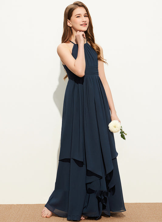 With Scoop A-Line Ruffles Cascading Chiffon Floor-Length Neck Junior Bridesmaid Dresses Katelyn